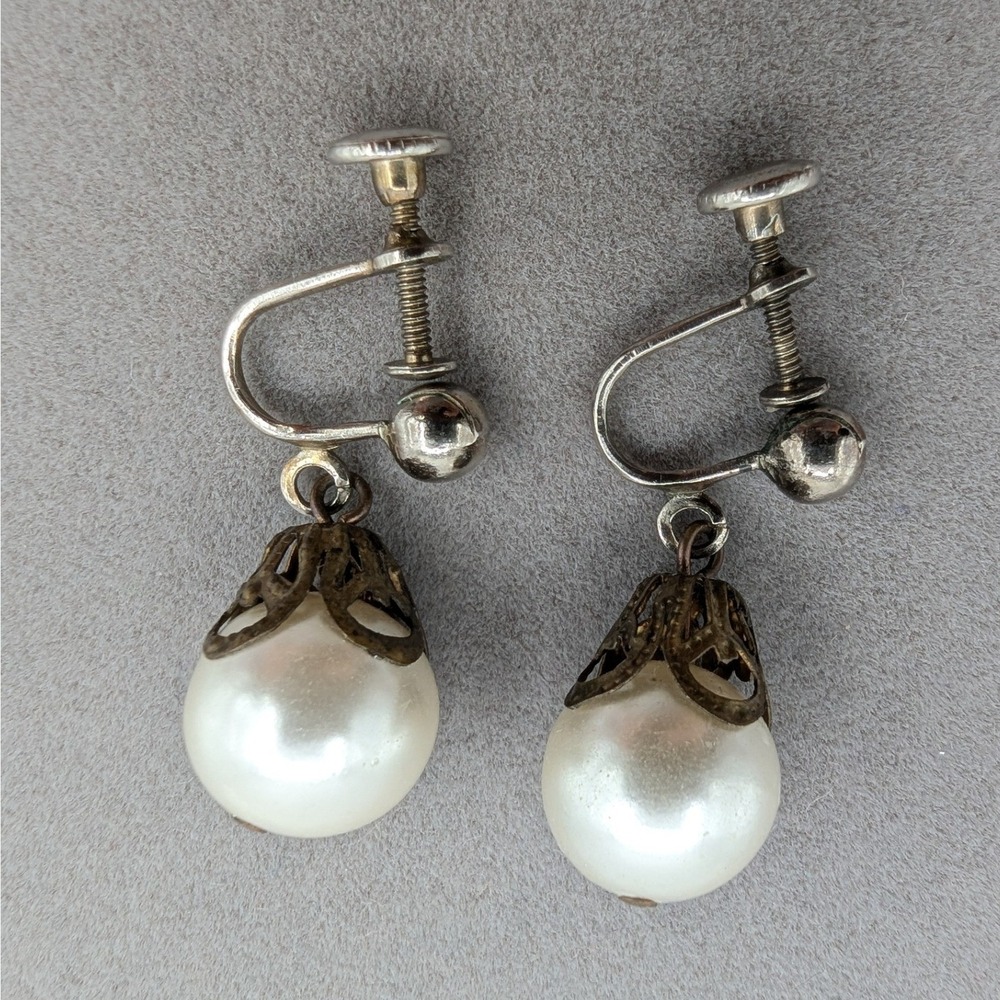 Vintage Faux Pearl Filigree Drop Earrings Silver Tone Screw Back Mid-Century